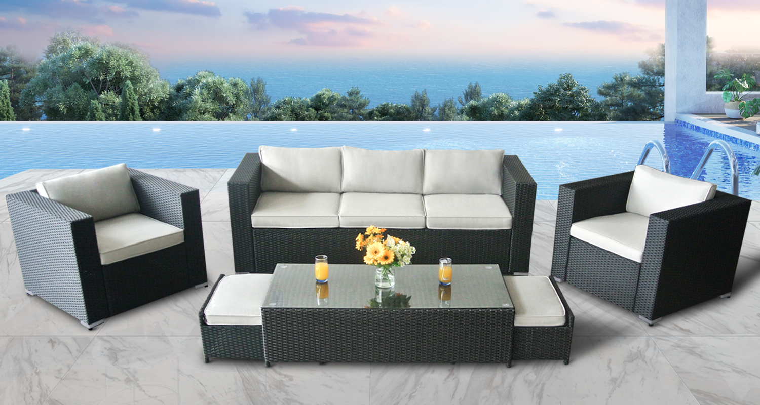 Patio Rattan 6Pcs Sofa Set with 3 Seater